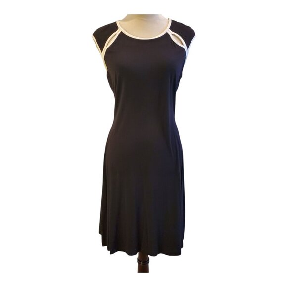 CALVIN KLEIN SZ 8 Sleeveless Black with White Trim Soft Stretch Rayon Midi Dress - Picture 1 of 6